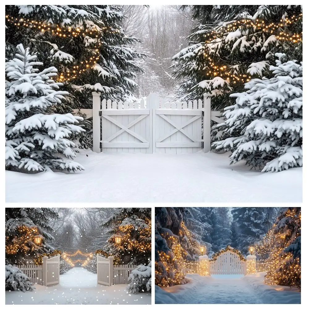 Winter Photography Backdrop Snowy Forest Fence Pine Tree Snow Christmas Holiday Party Decor Photo Background Banner Photo Studio