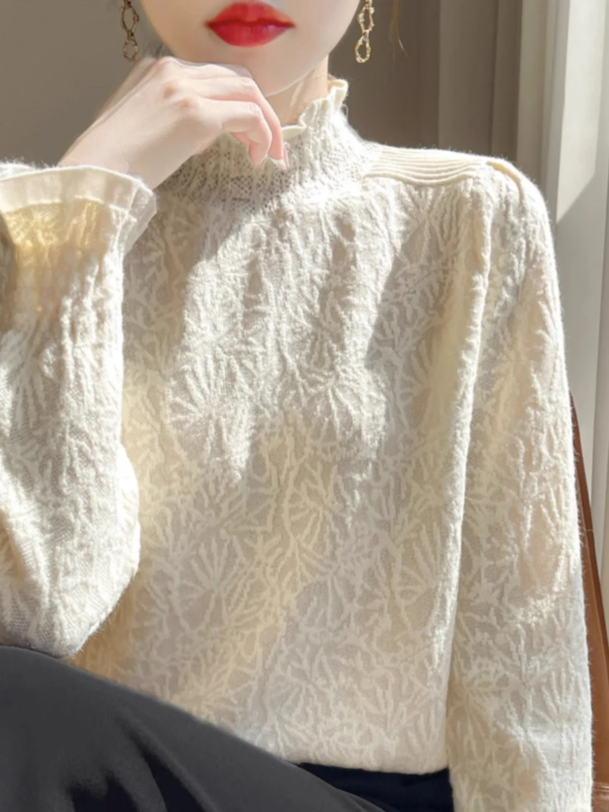 

Осень-зима 2024, новинка, женский базовый свитер с высоким воротником, кружевной деревянный ультра модный свитер, внутренняя одежда