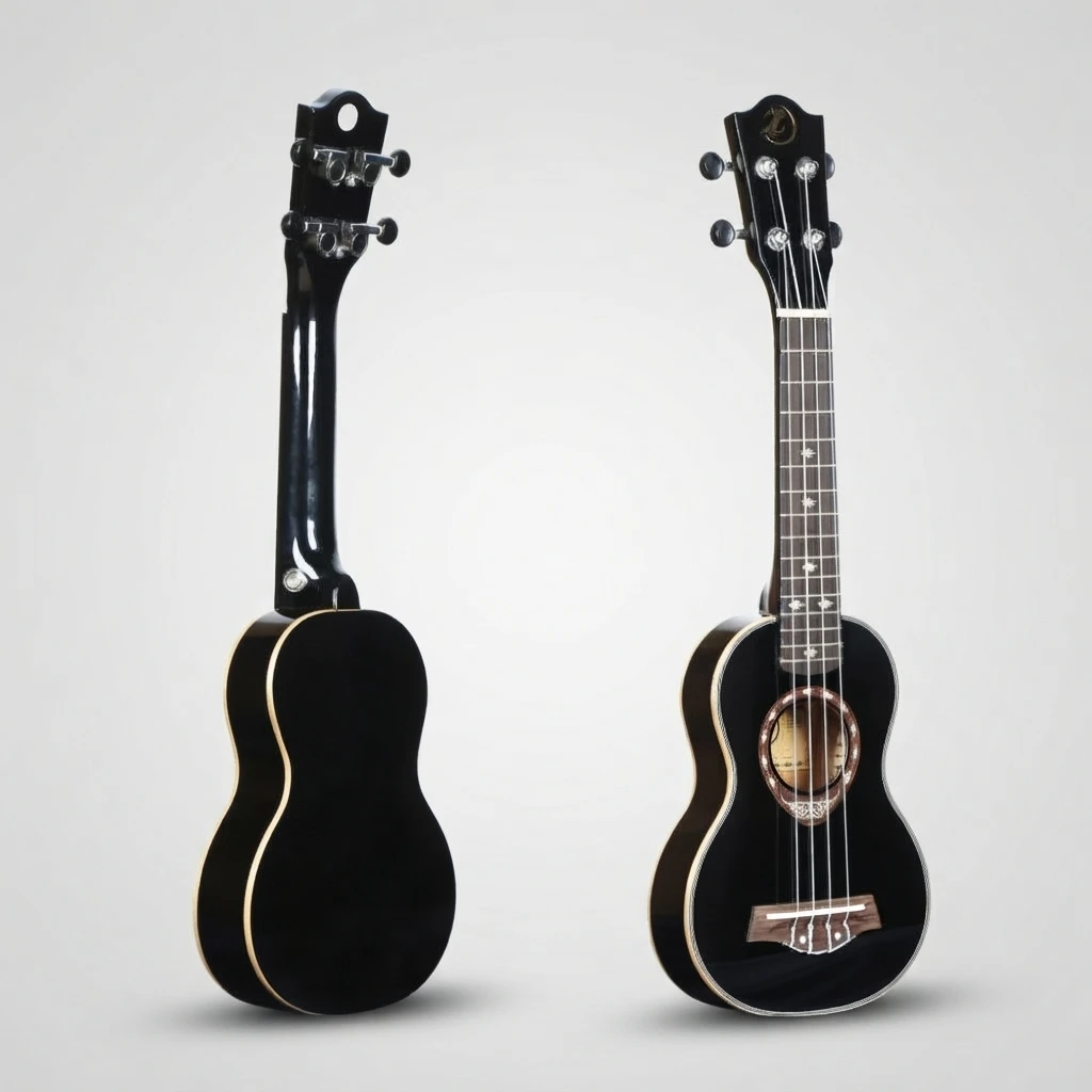 Gloss Black Ukulele 4 Strings, All Black Body, Black Closed Tuners, Diamond Inlay, Ornate Rosette, White Binding for Beginners