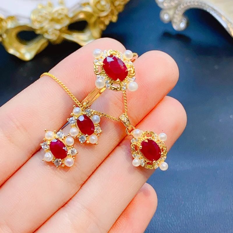 Natural Ruby jewelry sets for women rings earrings pendant silver 925  luxury gem stones 18k gold plated free shiping items