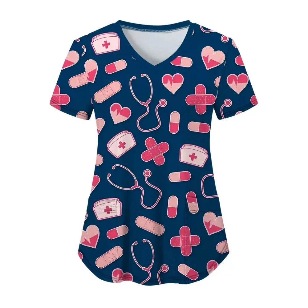 Uniformes cliniques pour femmes, uniforme de gommage de dentiste de soins de santé imprimé, à la mode, col en v, poche, manches courtes, uniformes de soins infirmiers