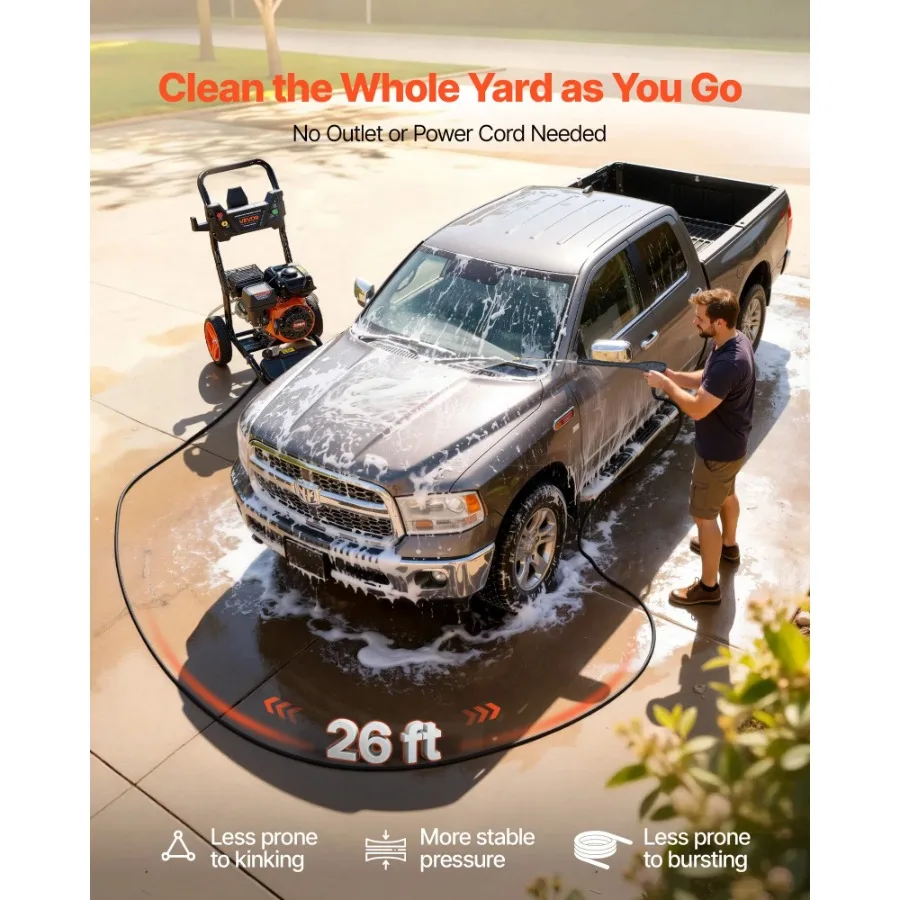 

Газовая мойка высокого давления 3600 PSI, 2.6 л/мин (макс.), с полностью медным насосом, пистолетом-распылителем и насадкой-штангой, набор из 5 насадок, шланг 26 футов, газовая, для автомобилей и ограждений