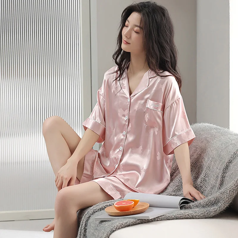 

Women Summer Pajamas V-Neck Silk Satin Nightwear Young Girls Button Cardigan Homewear Short Sleeve Short Pants Casual Sleepwear