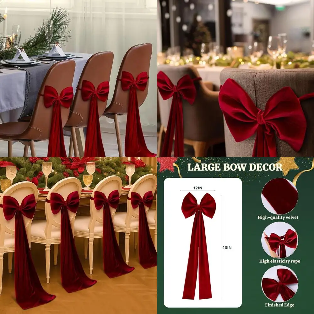 Set of 4 Red Velvet Bows, 12x43 Inches, for Chair Sashes - Perfect for Christmas, Weddings, Birthdays, and Elegant Dining Room D