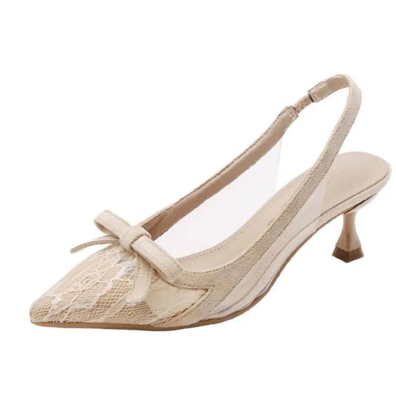 

Mesh sandals hollowed out high heels women's transparent pointed model year summer style headband style slim heels