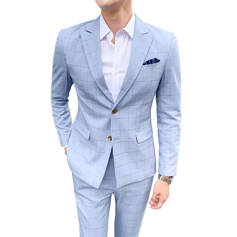 Men Suit Wedding Groom Custom Plaid Coat Slim Blazer Trousers Outfit Male Grid Jacket Pants Suit fashion High-end two-piece set