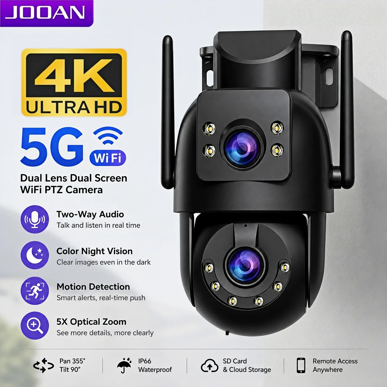 JOOAN 4K PTZ WIFI Camera Outdoor Dual Screen Motion Detection HD Night Vision CCTV Security IP Camera