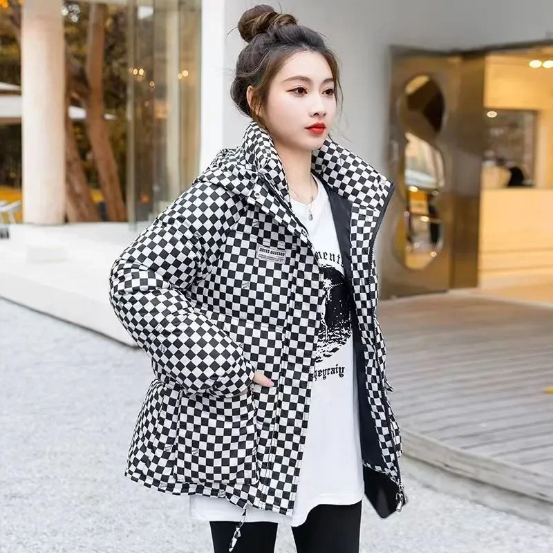 2024 Winter New Checkerboard Hooded Short Cotton Coat Thousand Bird Checker Korean Fashion Thickened Cotton Coat Płaszcz damski