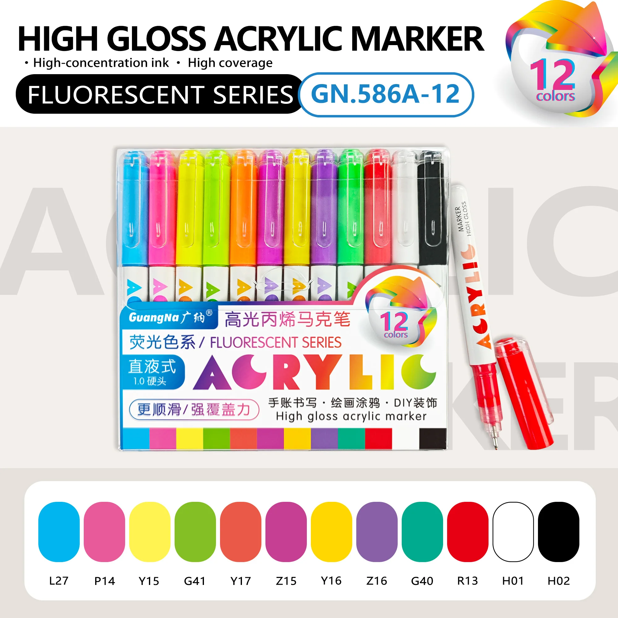 GuangNa 168/12 Kleuren Hoogglans Acrylmarker Set - Premium Direct Liquid Verfpennen voor Kunst, Schilderen, Handlettering & DIY