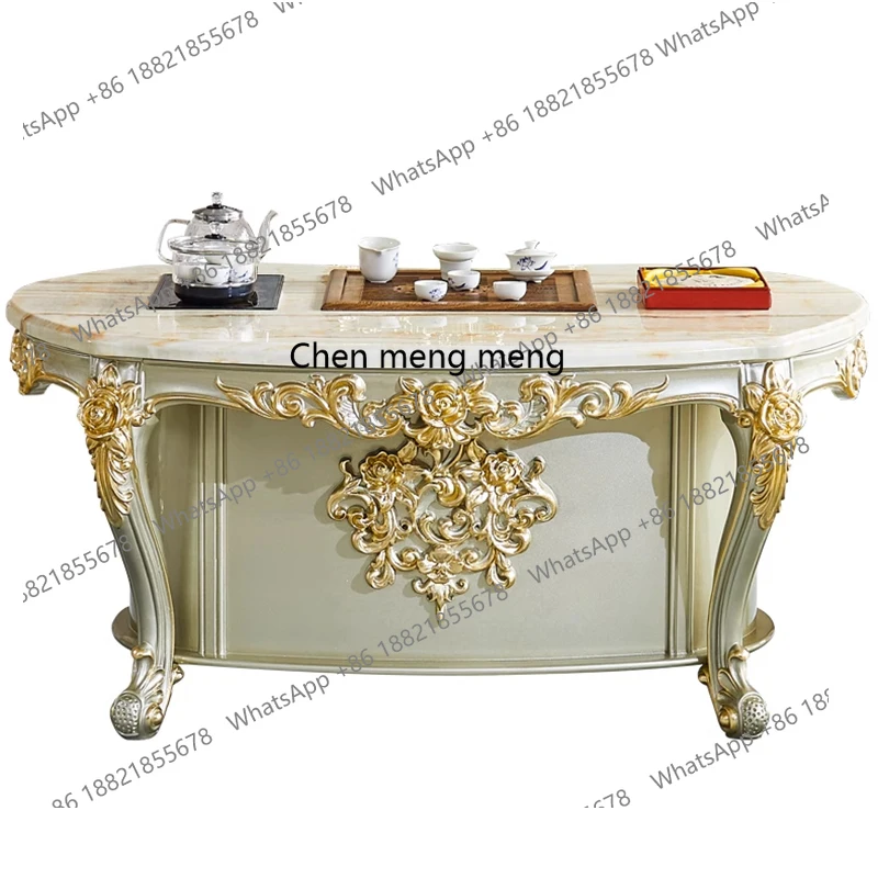 

European style solid wood carved marble tea table office tea table kung fu table for home use