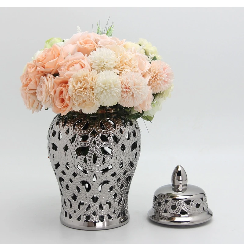 

Vintage Ceramic Ginger Jar Silver Hollow Dried Flower Vase Modern Home Decor Living Room Storage Arrangement Accessories