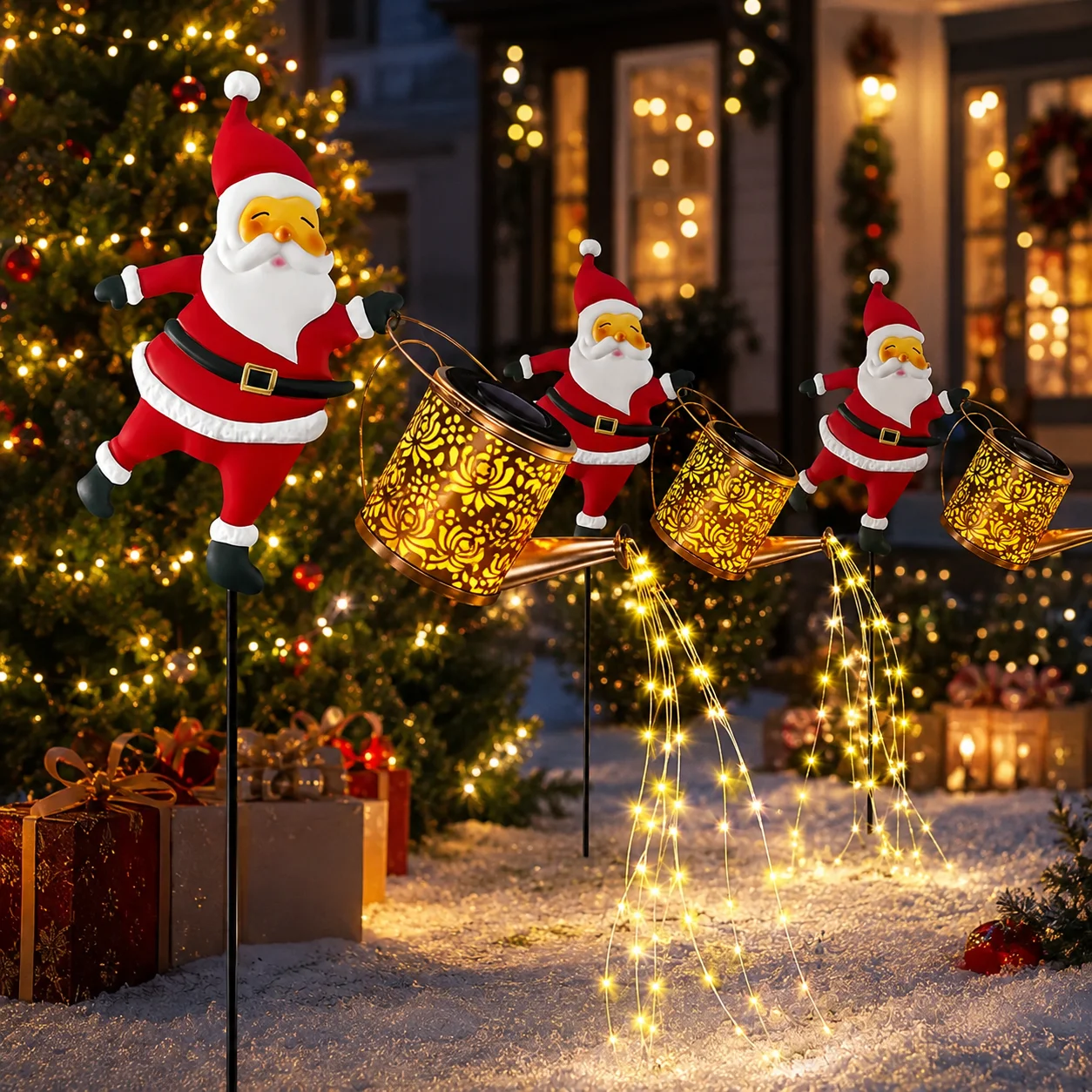 Christmas Santa Solar Kettle Light Colorful LED Watering Can Garden Stake Lamp for Outdoor Lawn Pathway Yard Xmas Decoration