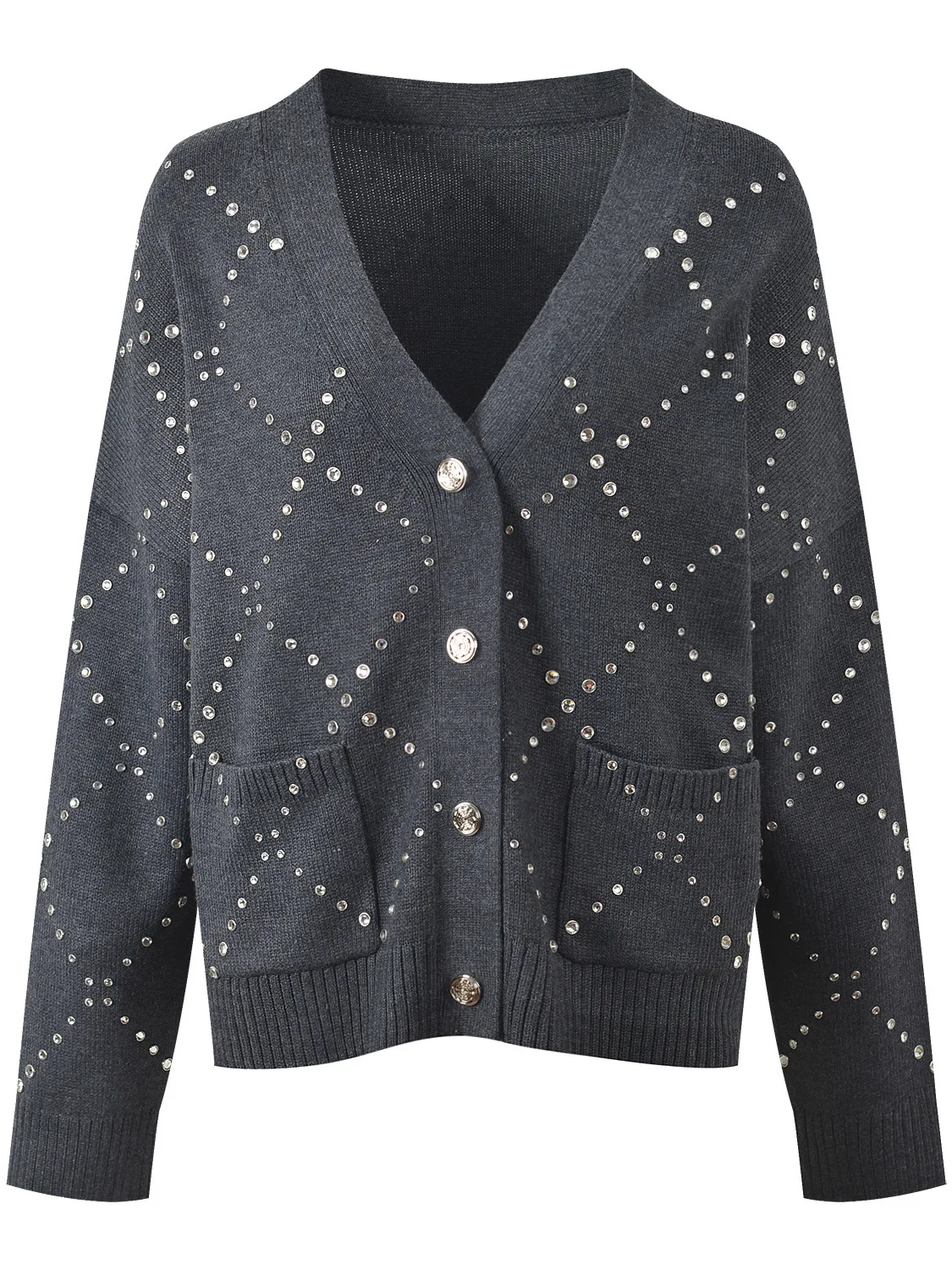 

Ey Heavy-Du со стразами, свободный модный вязаный открытый кардиган с v-образным вырезом, свитер для женщин, осень-зима, Новое поступление