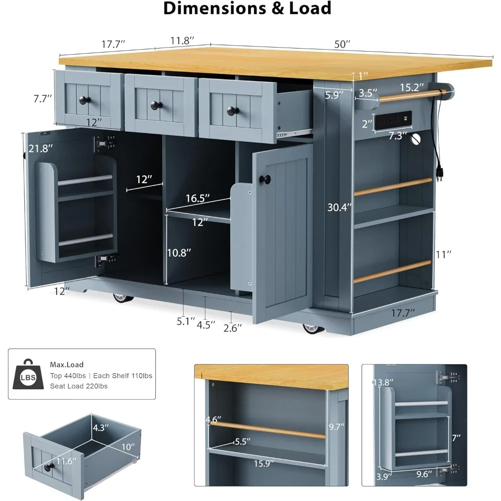 Rolling Kitchen Island Cart with Drop Leaf, Mobile Kitchen Island with Storage Cabinet, Charging Station, Open Spice Rack