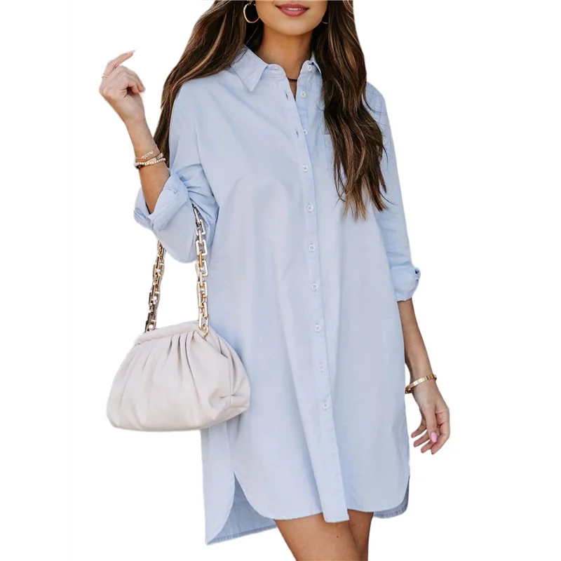 NUEVO-Vestidos de camisas con botones a rayas lisas y manga larga holgados informales para mujer