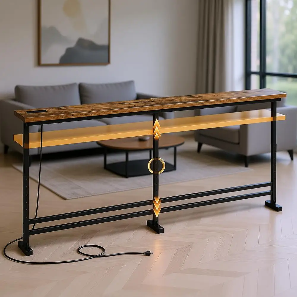 

Регулируемый по высоте консольный столик, 70-90 см, с розеткой, узкий приставной столик для дивана в гостиную, прихожую, коридор, цвет «Рустик Браун»