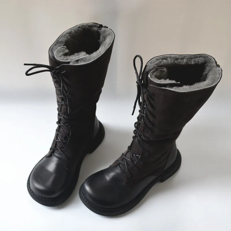 Retro strap Snow boots Cowhide Winter Winterproof Women's Boots Interior Woolen Sheepskin High Boots Riding Boots