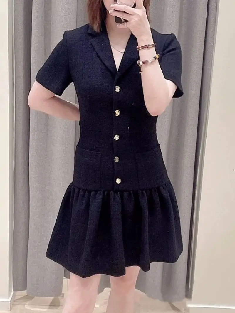 

Women Black Tweed Dress Ruffles Hem Short Sleeve Single Breasted Notched Collar Elegant Summer 2024 Mini Robe