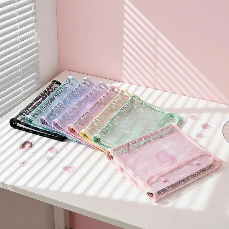 Holographic Star 6 Ring PVC Binder Notebook Clear Cover Durable for School Teenagers Photocard Collection Planner