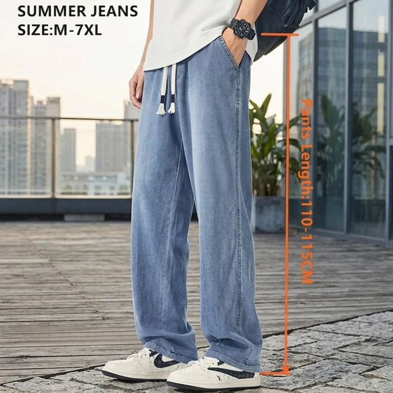 Summer Jeans Tall Men Loose Wide Legs 110CM 115CM Extra Long Stretched Pants 5XL 6XL 7XL Plus Size Large Boys Male Trousers