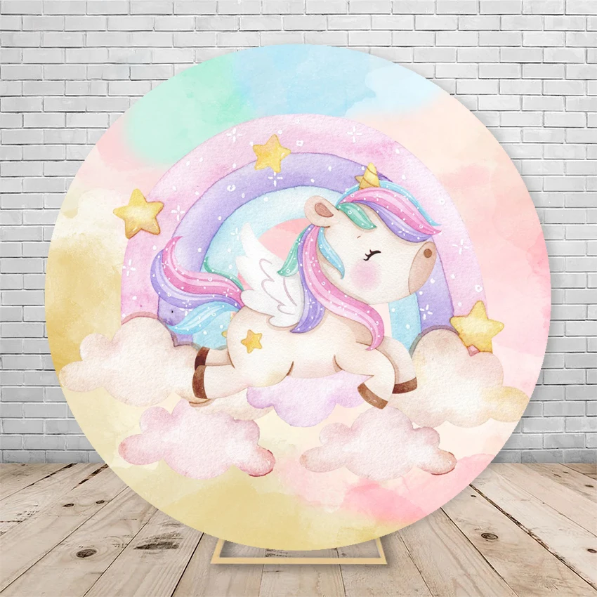 Newborn Baby Shower Rainbow Unicorn Round Photo Background Glitter Kids Birthday Decor Circle Polyester Backdrop Photography