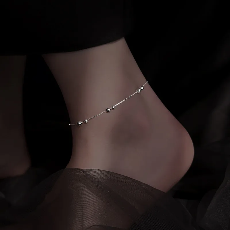 

925 Sterling Silver Round Bead Anklet Student Fashionable and Cute Anklet Simple Snake Bone Chain Anklet Party Jewelry