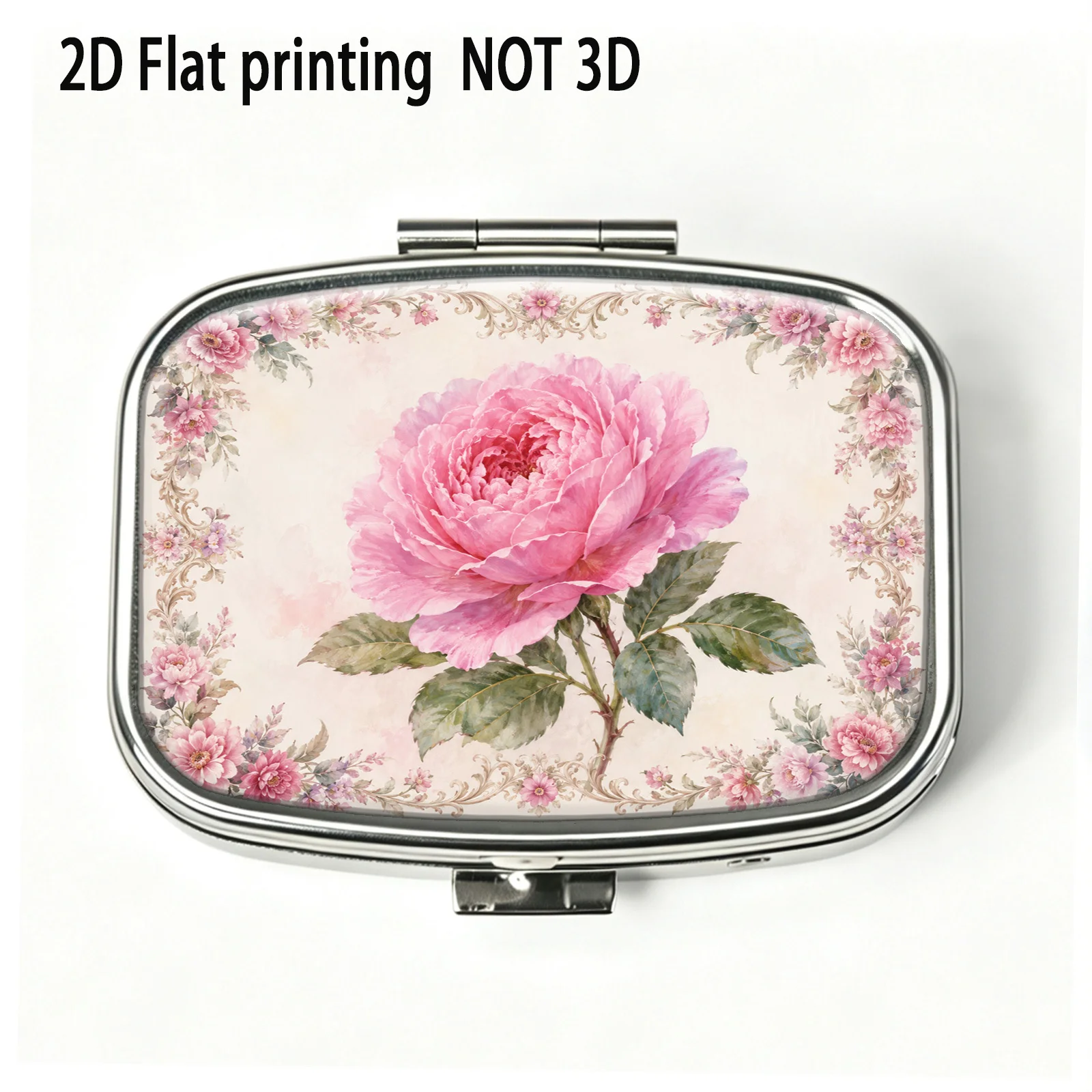 Vintage Lace Border with Floral Patterns of Pink Peonies and Roses, Small Square Pill Organizer with Two Compartments, Portable Medicine Storage, Can Also Be Used as a Home Portable Organizer, Decorative Box, Perfect for Handbags, Wallets, and Travel, Metal Storage Box, Small Jewelry Organizer, Ideal for Holiday Gifts, Souvenirs, Prizes, and Small Gifts