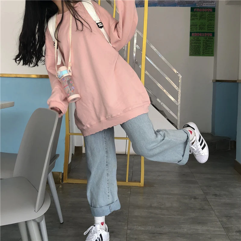 

Толстовки женские BF однотонные простые мешковатые уличные в стиле Харадзюку повседневные Ulzzang новые женские с длинными рукавами для пар и студентов универсальные