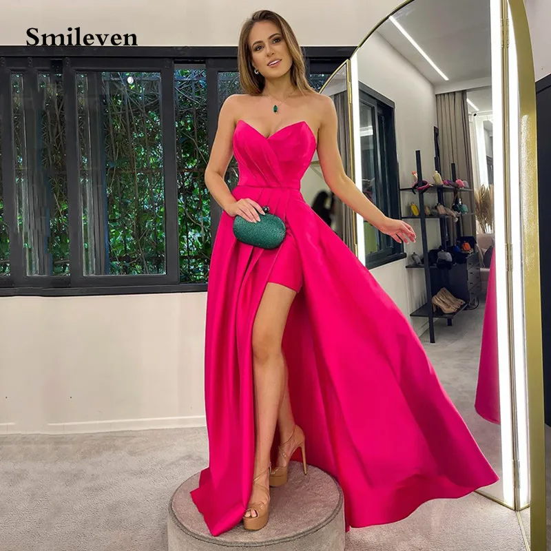 

Smileven Hot Pink Simple Satin Evening Dresses A Line Sweetheart Neck Robe De Soiree Prom Dresses Side Split Evening Gowns 2022