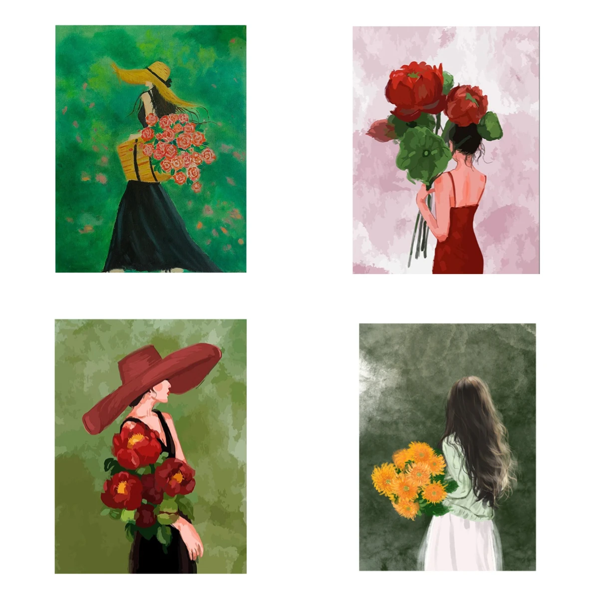 Woman Holding Flower Bouquet Back View Mosaic Full Round/Square DIY Diamond Painting Wall Decor for Living Room Gift Frameless