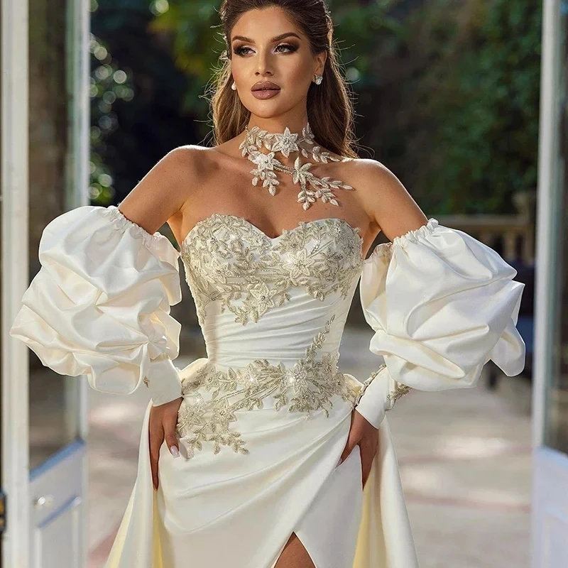 Robe de Mariée Personnalisée à Manches Bouffantes pour Femme, Fente Latérale Haute, fur ses Éducatives, pour Patients, 2025