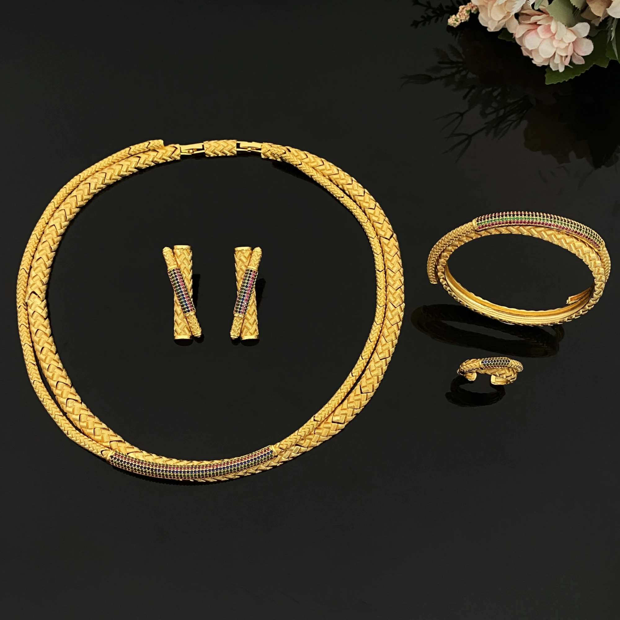 

JRH персонализированный комплект ювелирных изделий из 4 предметов, позолоченный латунный циркон, штабелируемый браслет, кольцо, ожерелье, серьги, 2025 г., модный, подходит для женщин