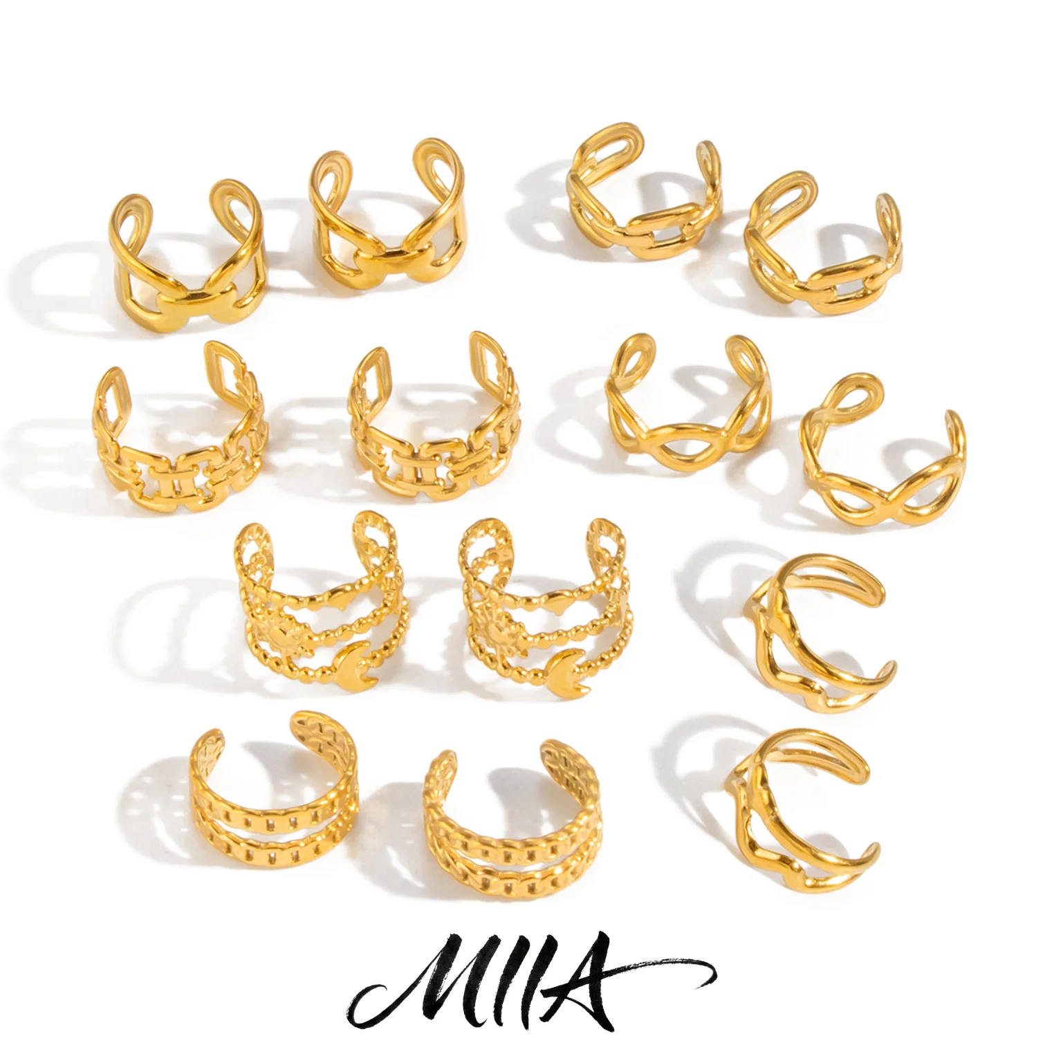 Miia Retro style 18K Gold-Plated Stainless Steel Double-Layer Design C-Shaped Hoop Earrings Clip-ons Unisex High-Quality Jewelry