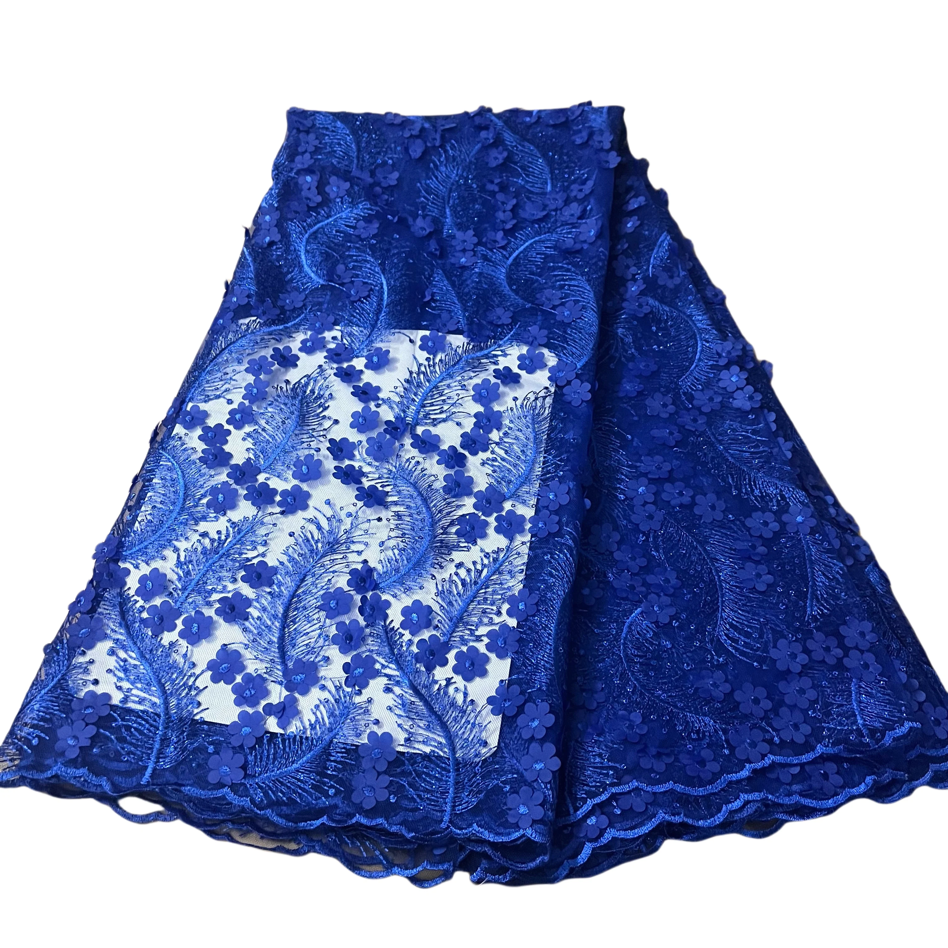 YQOINFKS Sequins French Lace Fabric Tulle Embroidery Mesh 3D Floral Applique Wedding Party Dress Lady Royal Blue 5 Yards YQ-8802