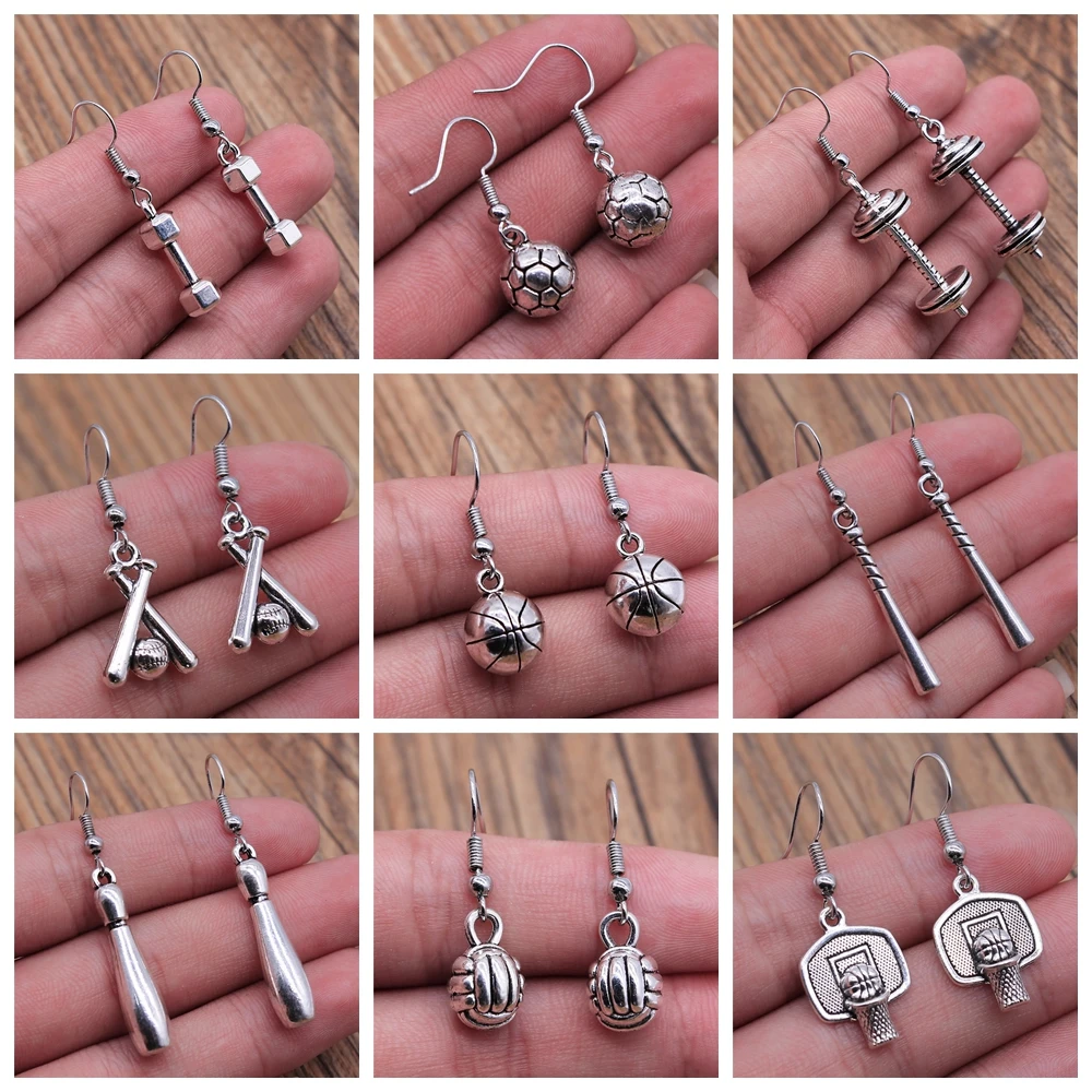 Sport Earrings Jewelry Vintage Volleyball Soccer Basketball Baseball Barbell Shaped Dangle Drop Earring For Women Girls