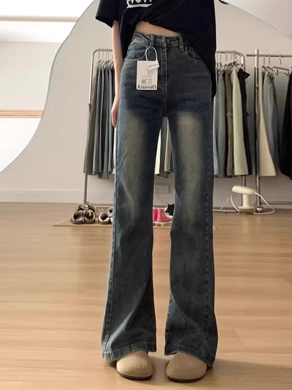 

Retro Flared Denim Jeans Women's Spring Autumn New plus Size Elastic Slimming Pear ape Hoof Pants High Waist Long Pan...