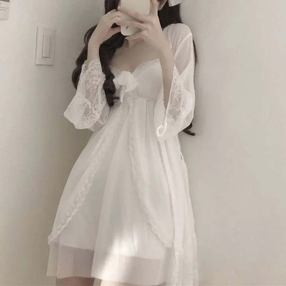 

Lace Bowknot Women Pajama Dress Nightgown Sleeveless Ruffle Suspender Nightdress Set Homewear Sleepwear