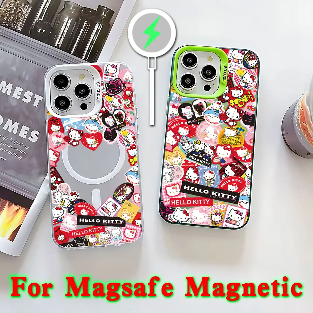 Cute Funny Cartoon Hellos Kittys Magsafe Magnetic Phone Case for IPhone 11 12 13 14 15 16 Pro Max Plus Creative Border Cover