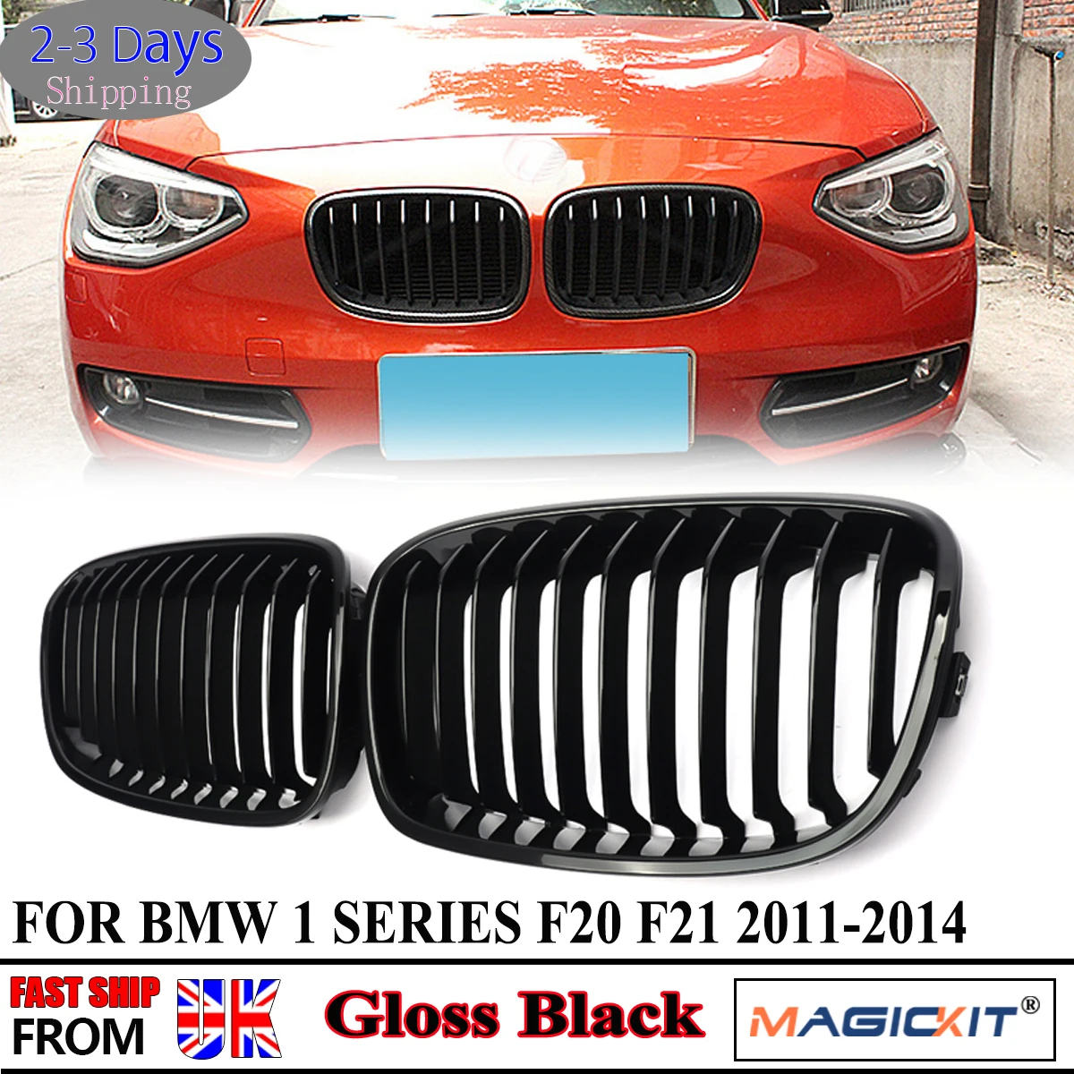 Griglia a rene anteriore nera lucida a linea singola compatibile con griglie BMW Serie 1 F20 F21 Magickit 2011-2014
