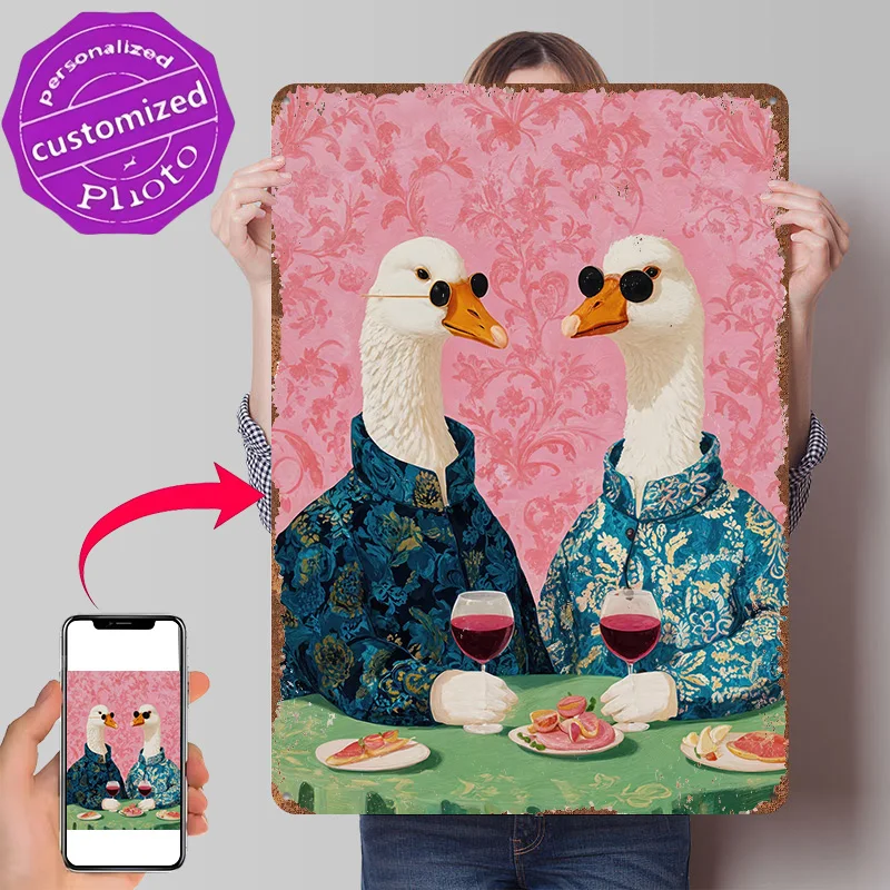 Dapper Geese Enjoying Wine and Appetizers 3D Texture Printed Poster Custom Vintage Metal Tin Plate Sign for Wall Art Decor Room