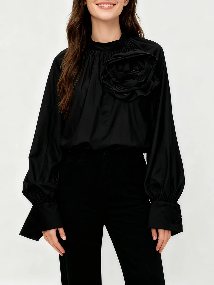 TWOTWINSTYLE Solid Spliced 3D Flower Basics Camicette per le donne Stand Neck Maniche lunghe Patchwork Shirring Camicetta casual Donna