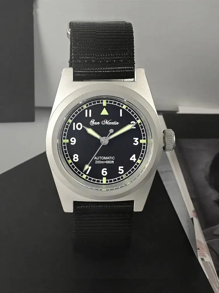 산 마틴 파일럿 38mm 군용 시계 YN55 간단한 남성 자동 기계식 시계 방수 200M Lume 나일론 스트랩 SN0029GA-2