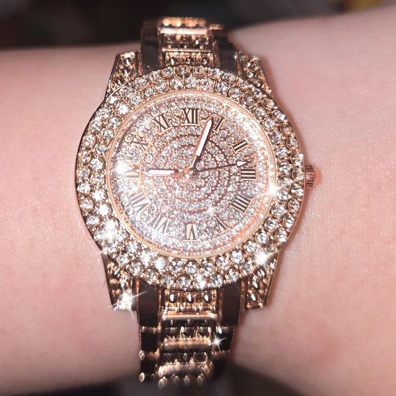 

Новые роскошные женские часы Sparkle Quartz с бриллиантами и циркониевым безелем, модные наручные часы в стиле хип-хоп с римскими цифрами