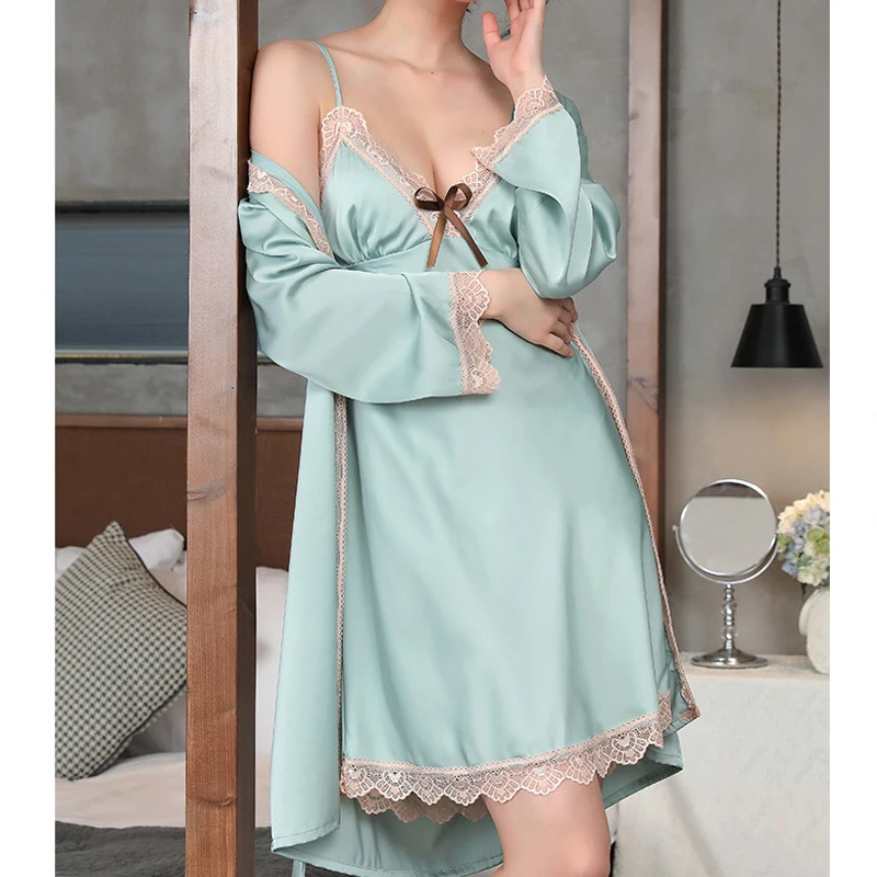 Sexy Twinset Robe Set Women's Home Clothes Lace Edge Bow Spaghetti Strap Nightgown Silk Satin Bathrobe Kimono Gown Sleepwear