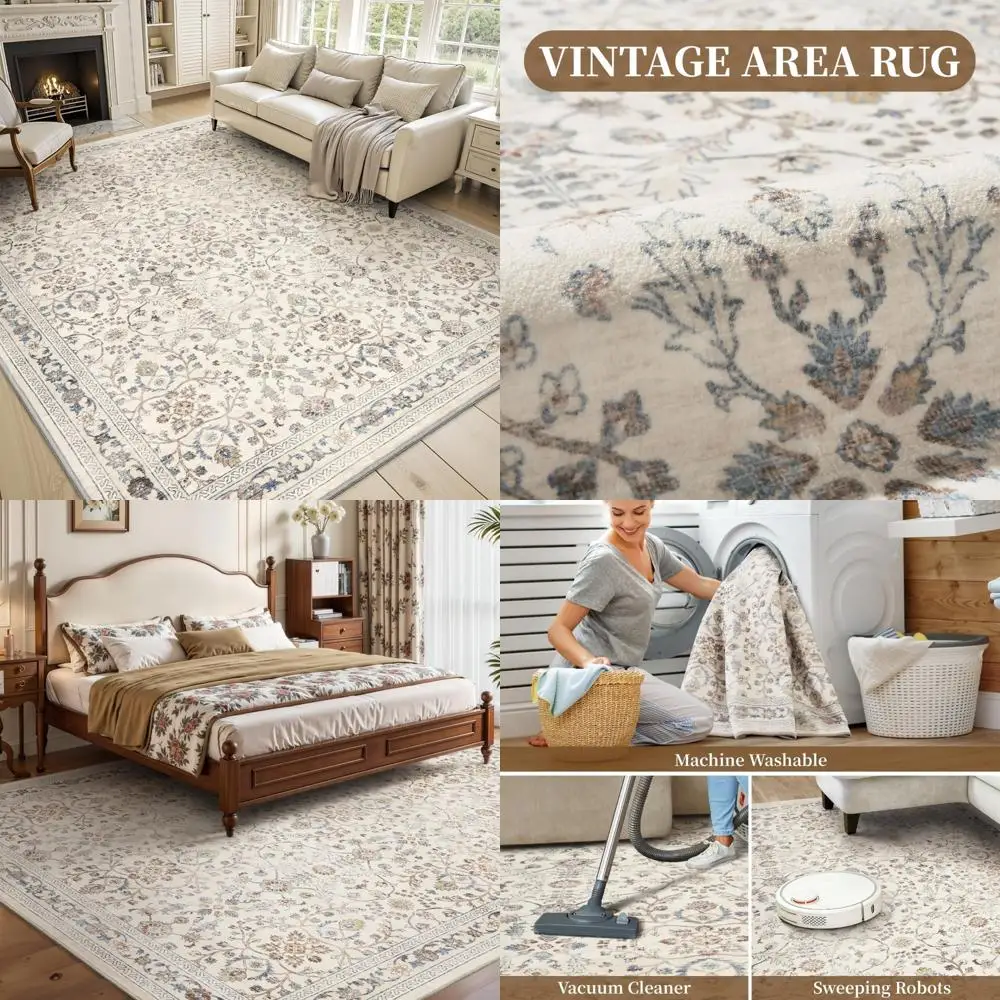 

MontVoo-Vintage Area Rug 5X7 Beige Rugs for Living Room-Soft Distressed Printed Rugs for Bedroom-Non Slip Carpet-Machine Washabl