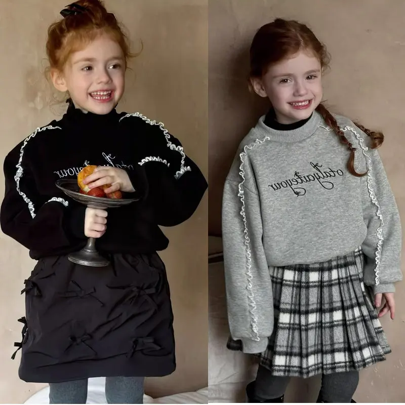 Girls Letter Print Hoodie, Ruffle Trim Fleece-Lined Top, Thickened Autumn Winter Sweatshirt for Kids