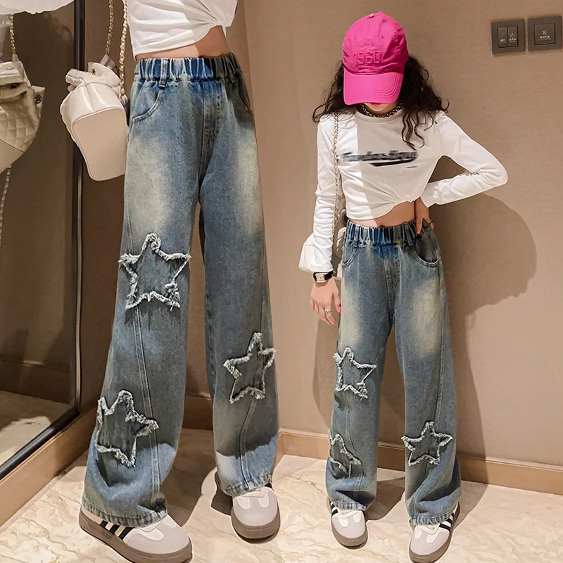 

Spring Autumn Teenager Girls Wide Leg Jeans Children Trousers 2024 New Fashion Star Pattern Girls Denim Pants 5-14Y Kids Clothes