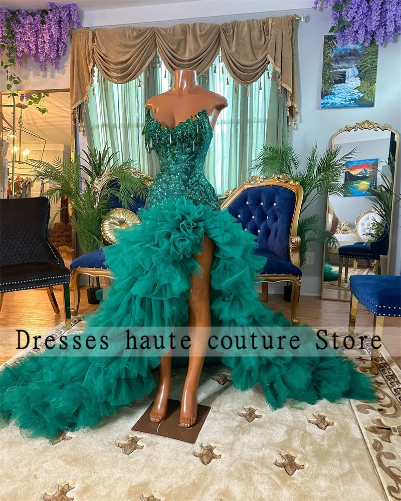 Aso EBI ชุดงานพรอม2024นางเงือกสีเขียวฟูฟูฟ่องชุดราตรีผ่าข้างผ้าทูลอาฟริกาเป็นชั้นๆ