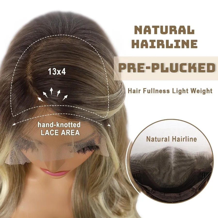 Aschblonde Lace-Front-Perücke, 13 x 4, vorgezupft, Highlight-Körperwelle, synthetische Lace-Front-Perücke für Frauen, hitzebeständiges Haar, 55,9 cm Da