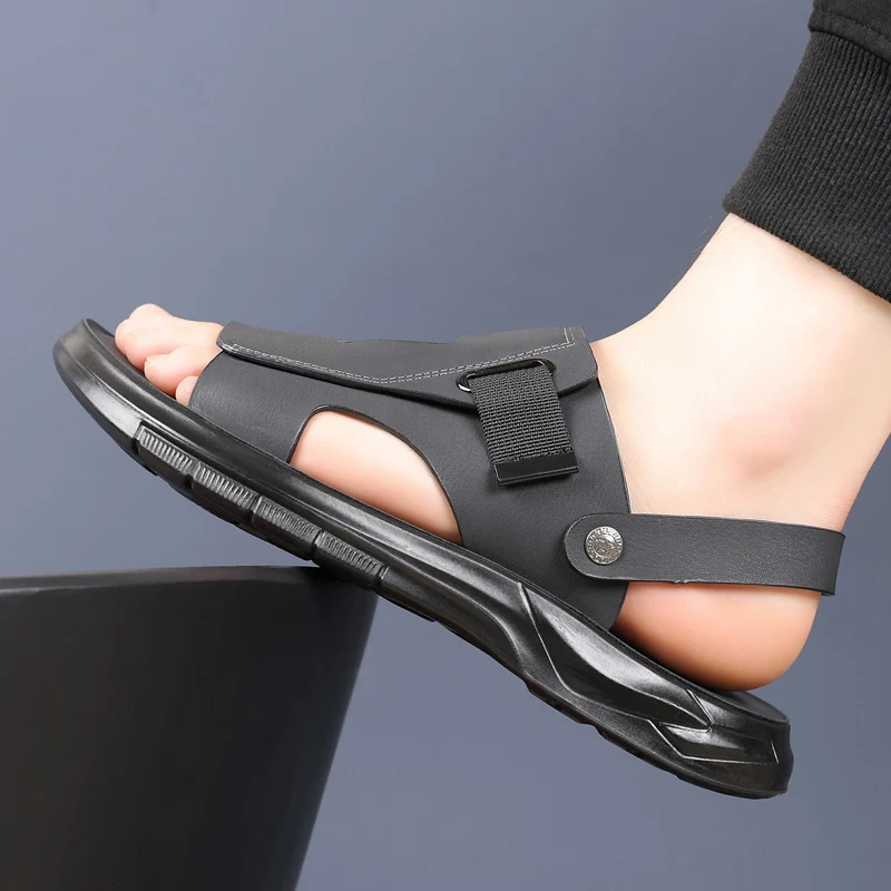 

Men's Leather Sandals Summer Casual Non-slip Beach Shoes Outdoor Fashion Lightweight Slippers Soft Sole Flat Sandals For Men